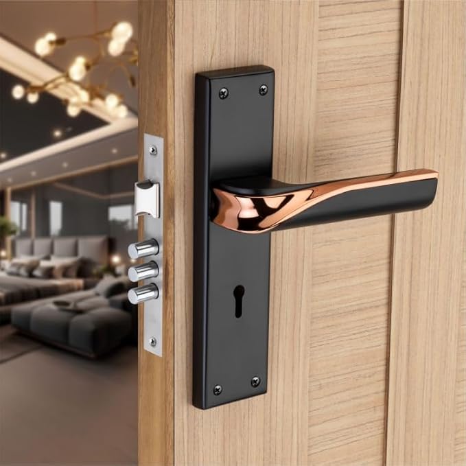 HANDOCK Luxurious 8-Inch Zinc Alloy Door Handle Lock Set with Elegant Brass Black & Rose Gold Finish  -  Durable Computerized Brass Keys, and Precision-Engineered Locking Mechanism