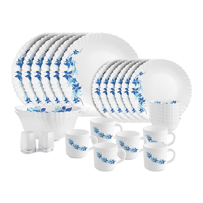 Cello Dazzle Series Blue Swirl Opalware Dinner Set | 28Pcs | White | Microwave & Dishwasher Safe | Light-Weight & Durable | Chip & Scratch Resistant | Best for Special Occasion & Gifting Purpose