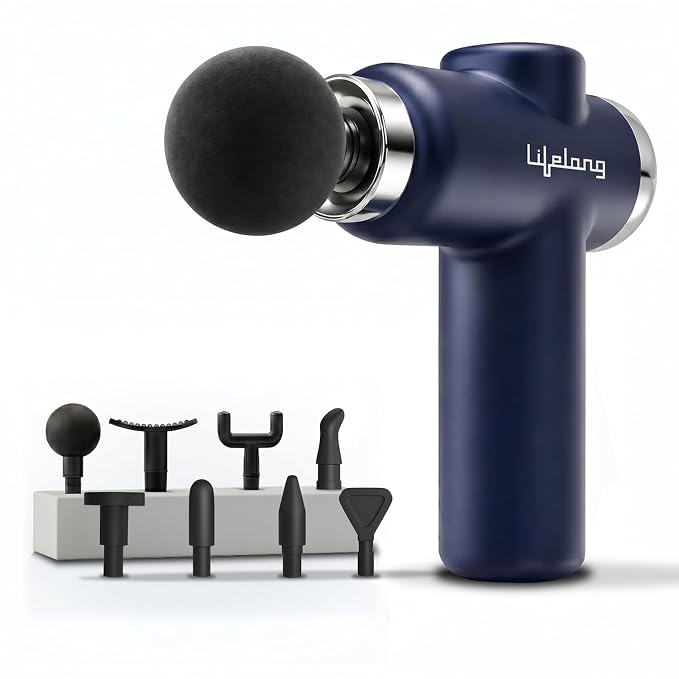 Lifelong Gun Massager for Pain Relief  -  8 Massage Heads, 6 Speed Modes, Rechargeable, Quiet 20W Motor, Lightweight & Portable Deep Tissue Massager for Back, Neck, Legs & Travel Use
