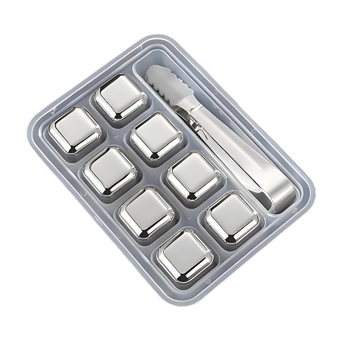 8-Pack Stainless Steel Whiskey Stones with Tongs & Container - Reusable Ice Cubes for Chilling Red Wine, Whiskey, Cocktails & More - Food-Grade Safe