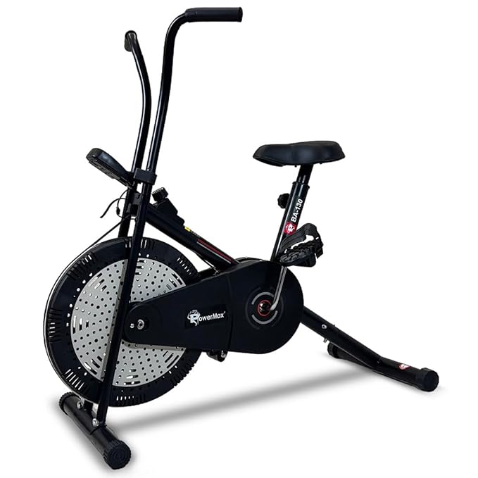 PowerMax Fitness BA-130 Air Bike Exercise Cycle for Home-Gym Workout with 1.5kg Fly wheel, Non-Slip Pedals |Fixed Handle Gym Bike for Max user 120kg, Belt Drive, Adjustable seat-Black