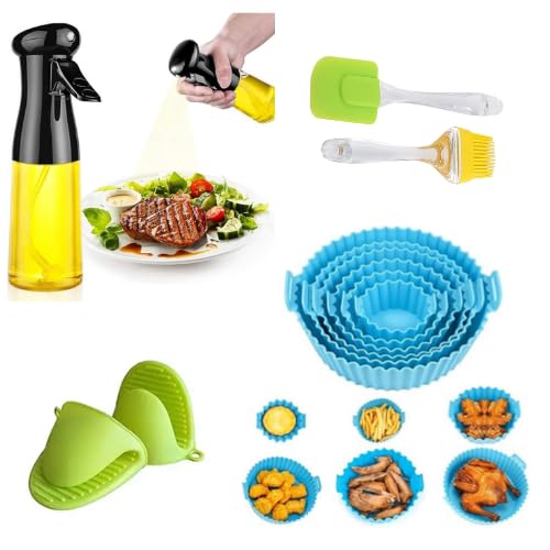NEKIFACE 6 Pcs Round Reusable Non-Stick air Fryer Accessories Silicone Coating Pot Basket for Microwave Oven oil sprayer bottle and Oil brush And Spatula Set with silicone Glows | Baking Tools & Accessories