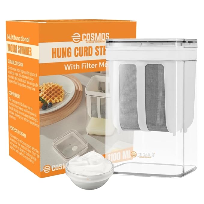 E-COSMOS® Plastic Multipurpose Greek Yogurt & Curd Maker Hung Curd - 1100ml | Durable, BPA-Free | Easy Homemade Yogurt & Cheese (Yogurt Maker), 10L x 8W x 16H cm, Multi-Coloured