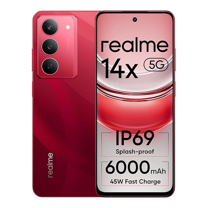 realme 14x 5G Smartphone 8+128GB red, 6.67-inch Screen, 120Hz Display, 6000mAh Battery, 80MP, MediaTek Dimensity 6300, ArmorShell Protection, IP69