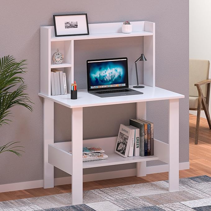 Callas ST-40 Wooden Study Table with Hutch & Bottom Storage -Office Table for Laptop, PC, Working, Drawing, Computer Table with Extra Storage Space for Decor-Home (Walnut) (White, ST-40)