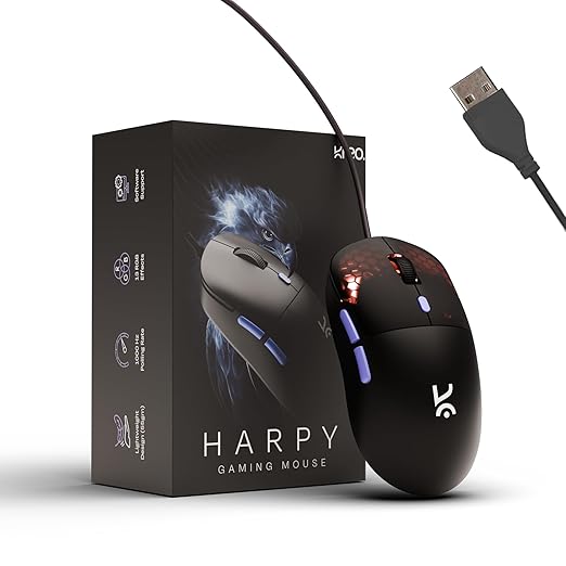 Kreo Harpy 55g Ultra-Light Wired Gaming Mouse with Customizable RGB (13 Modes), 12,800 DPI, 1000Hz Polling Rate, Symmetrical Ergonomic Design and Braided Cable