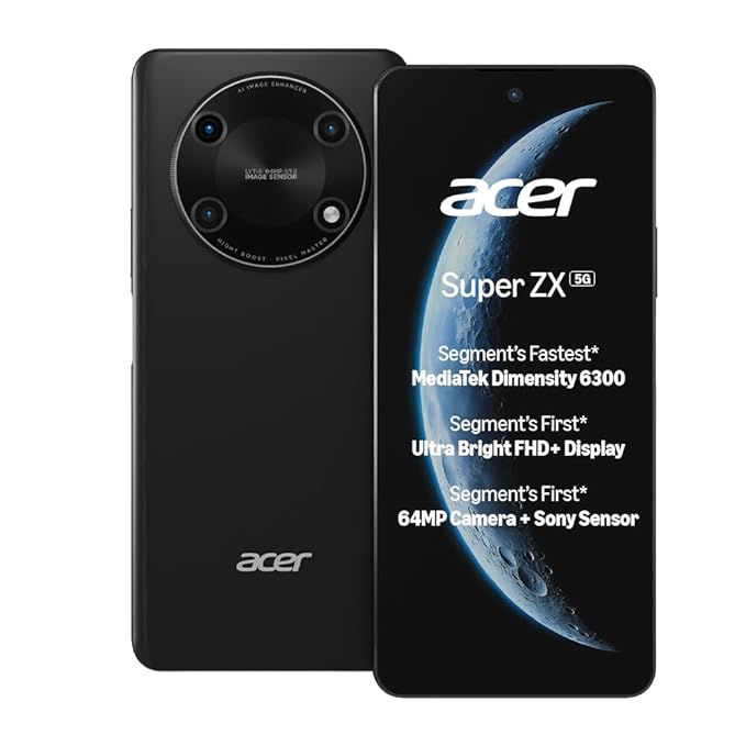 acer Super ZX 5G (Carbon Black, 8GB RAM, 128GB) | Segment-First FHD+ 6.8 120Hz Display | Sony 64MP AI Triple Camera | 5000 mAh Long Lasting Battery