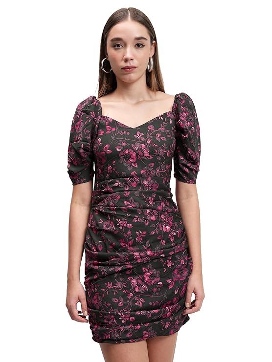 Tokyo Talkies Women's Dresses for Women | Floral Print | Short Smocked Dress | Puff Sleeves | Elegant & Trendy