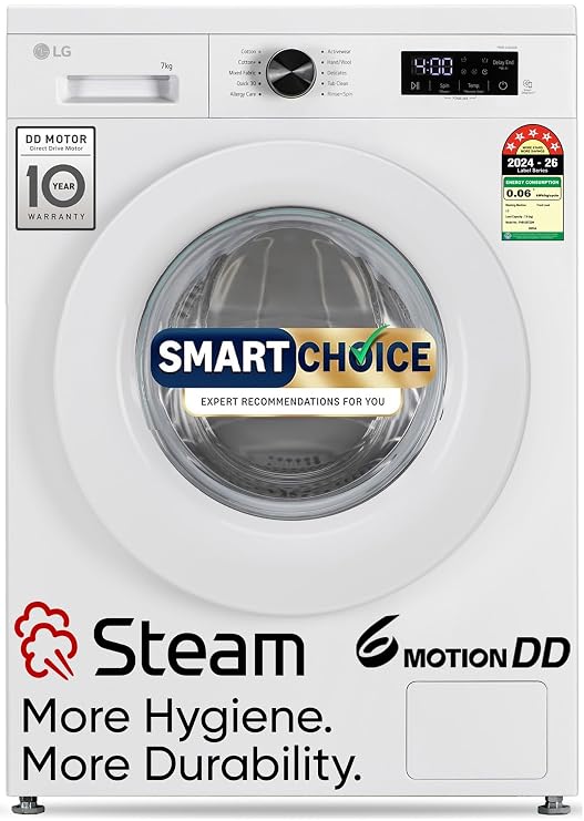 LG Smart Choice, 7 Kg, 5 Star, Steam, Inverter Direct Drive Technology, 6 Motion DD, Fully-Automatic Front Load Washing Machine (FHB1207Z2W, Remove Allergens & Stain, In-Built Heater, Essence White)