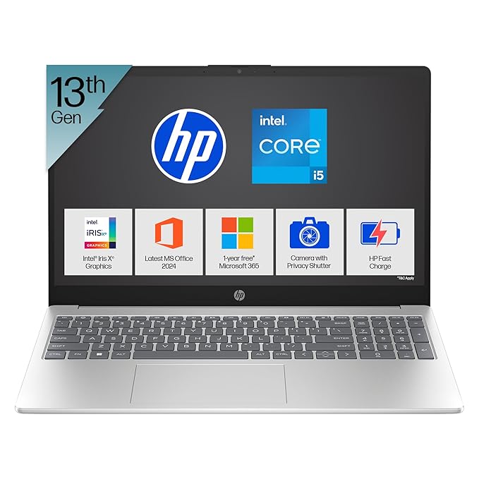 HP 15, 13th Gen Intel Core i5-1334U Laptop (16GB DDR4,512GB SSD) Anti-Glare, Micro-edge,15.6''/39.6cm, FHD, Win11,M365,Office24, Silver,1.59kg, Iris Xe Graphics, FHD Camera w/privacy shutter, fd0577TU