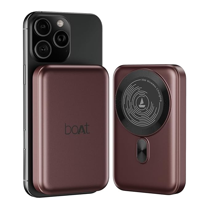 Boat EnergyShroom PB331 (Magsafe) 10000mAh Magnetic Wireless Powerbank, 15W Wireless & 22.5W Wired Charging for (iPhone 16, 15, 14, 13 & 12, Android & Other Qi Enabled Devices) (Wine Red)