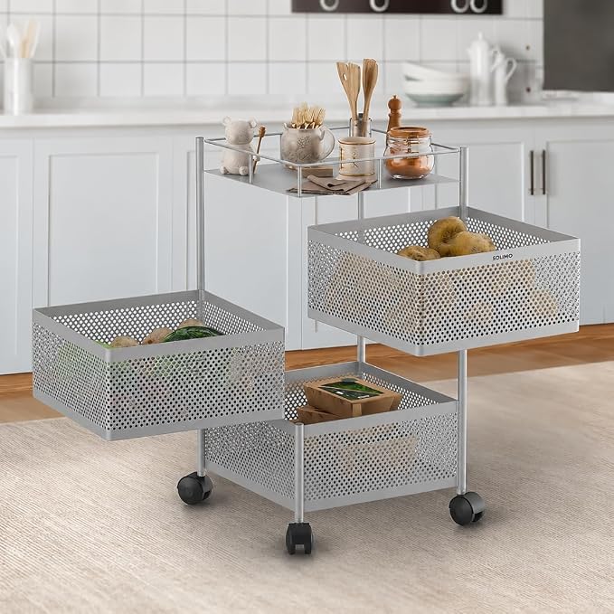 Amazon Brand - Solimo 360° Revolving Preassembled Heavy-Duty 3 Layer Square Portable Trolley with Wheels | Multipurpose Storage Racks | Books, Fruits and Vegetables (Matte,Silver)