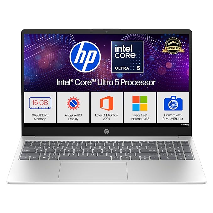 HP 15, Intel Ultra 5 125H (16GB DDR5, 1TB SSD) FHD, IPS, 15.6''/39.6cm, Win11, M365 Basic(1yr)* Office24, Silver, 1.65kg, fd1255TU, Intel Arc Graphics, FHD Camera w/Shutter, AI Powered Laptop