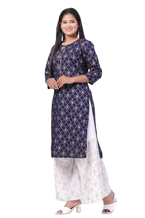 MANGLA Kurti Women's Rayon Gold Printed Black Regular Fit Kurta Set with Ethnic Palazzo Pants