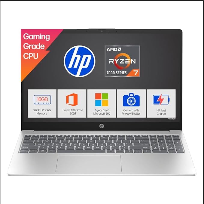 HP 15, AMD Ryzen 7 7735HS Laptop (16GB DDR5,512GB SSD) Anti-Glare, Micro-Edge,15.6''/39.6cm, FHD, Win11, M365 Basic(1yr),Office Home24, Silver,1.59kg, FHD Camera w/Shutter, Backlit, fc1038AU