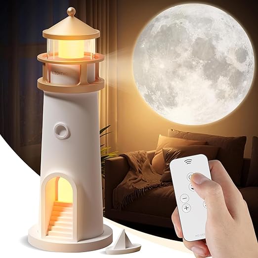 One94Store Lighthouse Lamp Galaxy Moon Projector  -  LED Night Light with Remote, 4 Brightness Levels, Timer, USB Rechargeable Table Lamp for Kids Bedroom & Aesthetic Room Decor