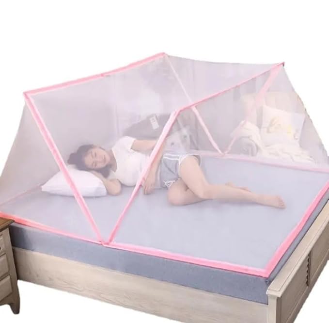 Classic Mosquito Net for Single Bed |New 5G Foldable Machardani|30GSM Strong Polyester mesh|Fiberglass Rod|Size - 200cm(6ft 6in) x100cm(3ft 3in) x80cm(2ft 7in) - Pink
