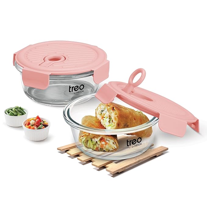 Treo by Milton Lumino Fresh Round 400 Borosilicate Glass Containers for Kitchen I Microwave Safe I Leak Proof with Air Vent Lid I 400 ml, Set of 2, Peach