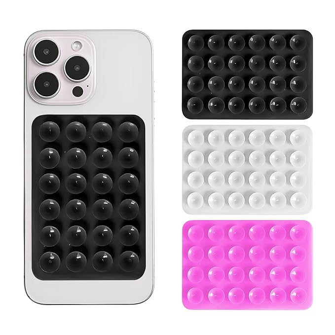Sounce Suction Phone Case (Pack of 3)  -  Anti-Slip Silicone Sticky Back Cover with 24 Suction Cups for Hands-Free Mounting on Mirrors, Tiles, Showers, Car Dashboards, and More