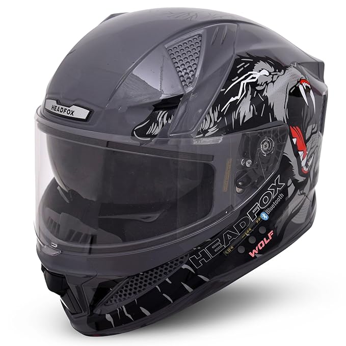 HEADFOX N2F Wolf Full Face Bluetooth Helmet for Bike | Waterproof Smart Helmet for Man & Women | ISI Certified | Built-in Bluetooth | Glossy Grey X-Large (62 CM)