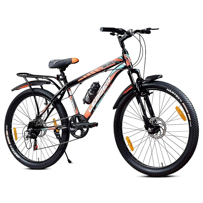 Leader Beast 26T IBC Premium 7 Speed Cycle for Men with Front Suspension & Dual Disc Brakes | Gear Bicycle for Men | Mountain Bike with Inbuilt Carrier & Steel Frame | Ideal for 10+ Yrs  -  Matt Black