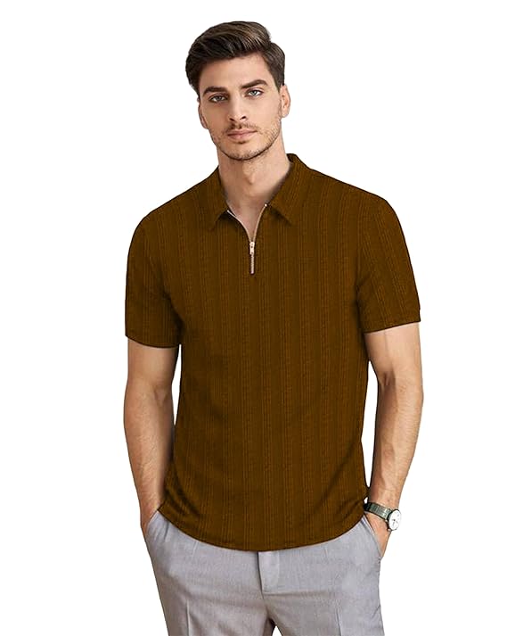 Men T-Shirts Polos || Polo Tshirt with Texture Fabric Zipper Neck