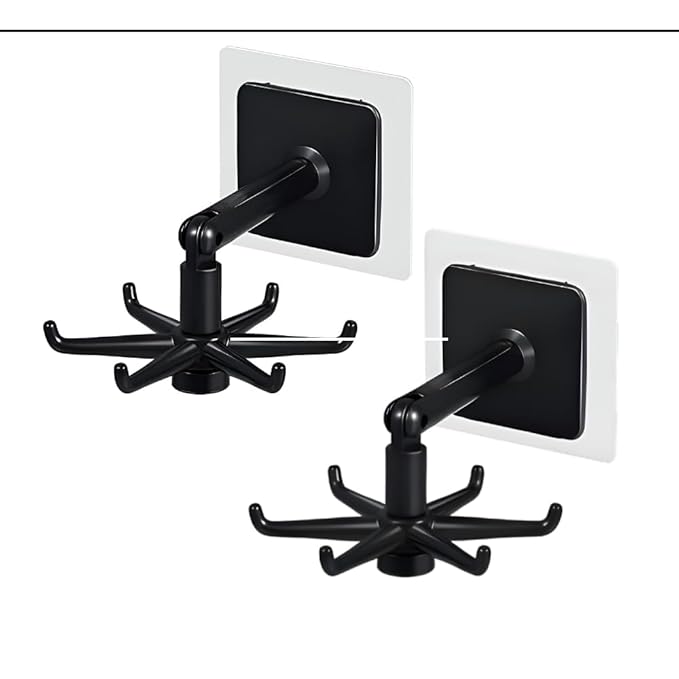 360° Rotating Wall Hook  -  Self-Adhesive, Foldable Multi-Purpose Hanger for Kitchen, Bathroom, and Closet  -  Space-Saving Organizer with 6 Rotating Arms  -  No Drilling Required (Black)
