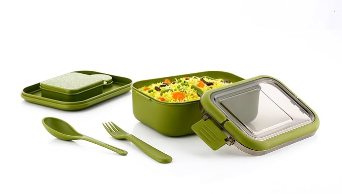 Clazkit Snack Pack Lunch Box for Kids, Adults |Tiffin Box with 2 Small Conatiner, Spoon and Fork | Leakproof 100% Food Grade | Green|700ml