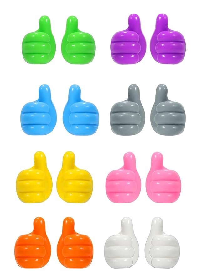 5 Pack Silicone Thumb Wall Hooks Self Adhesive Cable Organizer & Key Holder No Drill Thumb Shape Hook Clips for Home Office, Desk Kitchen Cute Multicolor Thumbs Up Wall Hangers