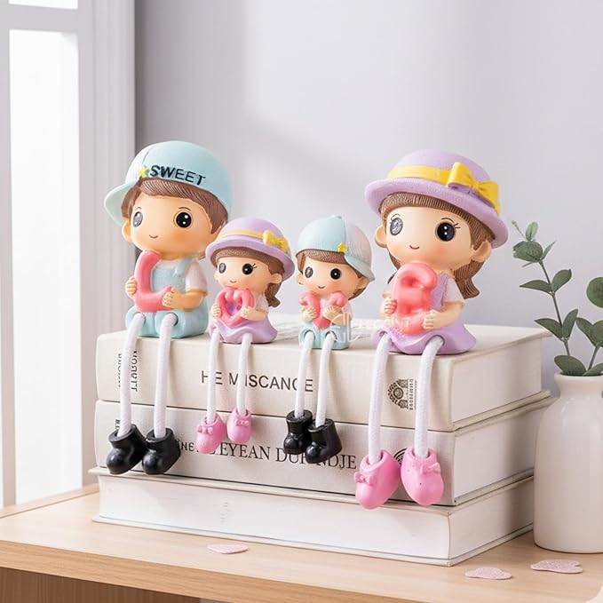 Adorable Family Set Decorative Showpiece | Hanging Legs Statues | Cute Lovable Cabinet Figurines Unique Couple & Kids with Love Letters Gift Office Home Decor Set of 4