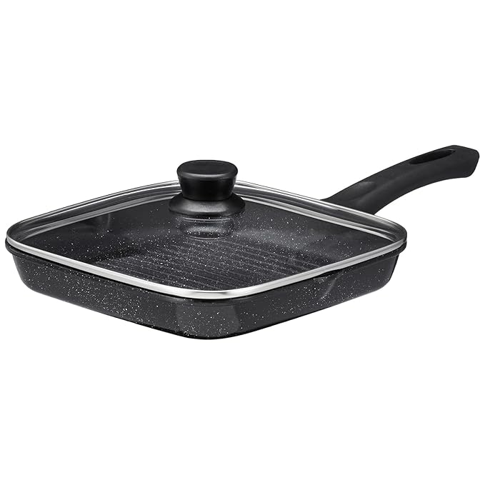 Amazon Brand - Solimo Non-Stick Grill Pan with Glass Lid | 1.8L / 24cm | Cast Aluminium Body | Induction & Gas Compatible | PFOA-Free Non-Stick Coating