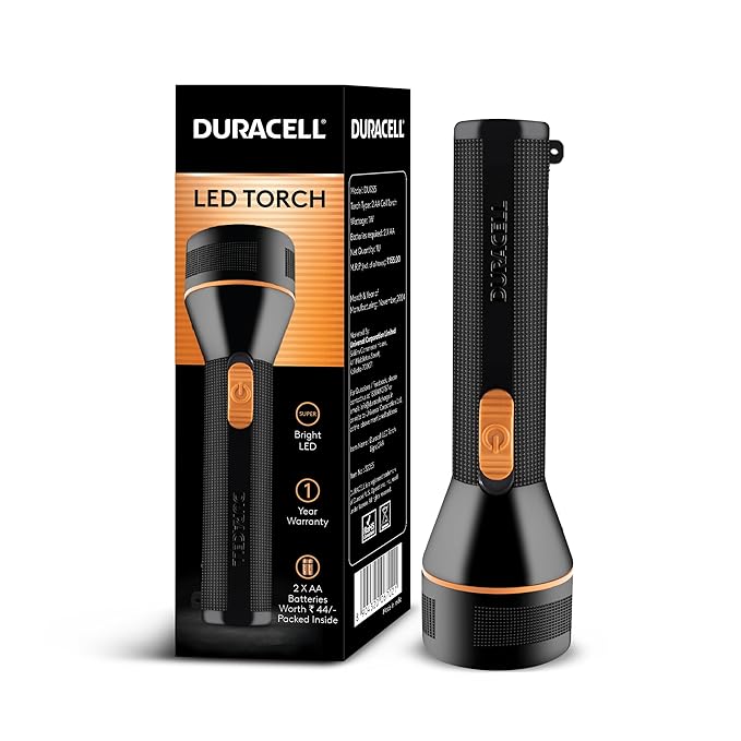 Duracell LED Torch Light, Super Bright, 6000 LUX, Ultra-Light and Easy to Carry Design, Large Reflector, for Everyday Use, 2AA Batteries Free, Black