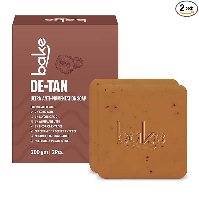 BAKE De-Tan Scrub Treatment Coffee Soap (200Gms Pack of 2) | Ultra Pigmentation Soap for Tan Removal | With 2% Kojic Acid, 1% Glycolic Acid, 1% Alpha Arbutin | | For Pigmentation, Dark Spots & Tan Removal | For Women & Men | 100g x 2