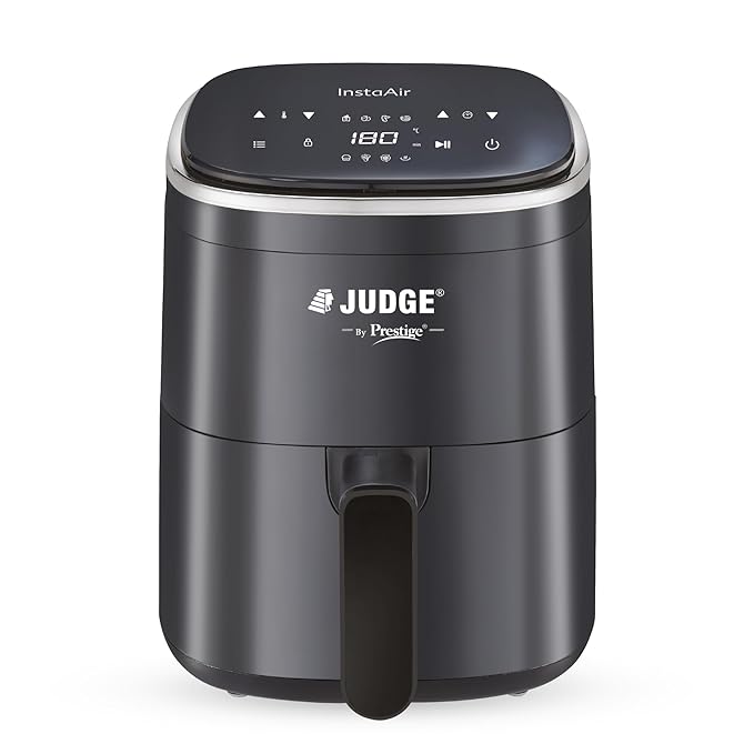 Judge by Prestige InstaAir Digital Air Fryer| 80% less Oil Consumption| 4.0L Capacity| 1250 Watts| Air Fry, Grill, Roast, Bake | Digital Display with 8 Preset Menu| Easy to Clean Frying Basket |Black