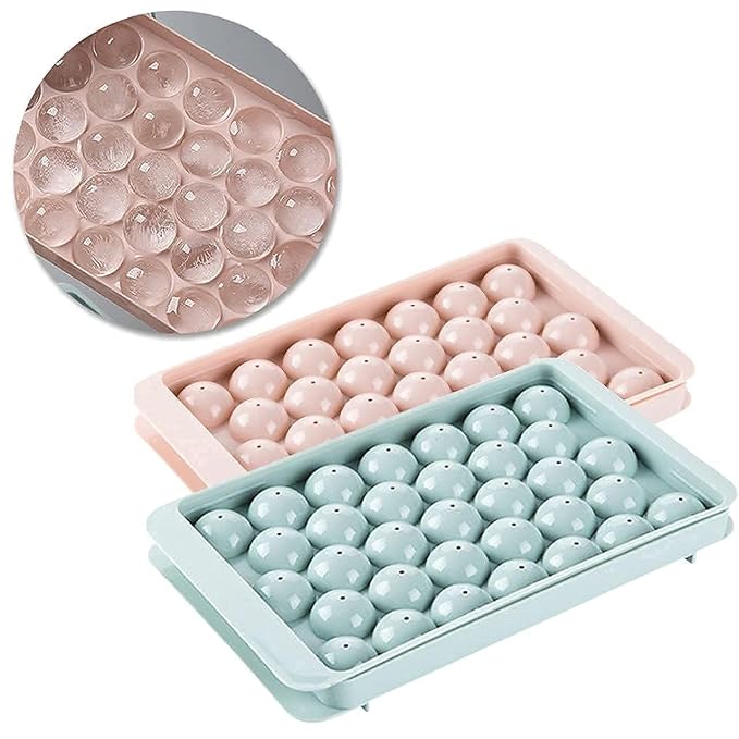 Add2Cart Plastic Mini Round Ice Cube Tray with Lid Ball Maker for Fresh Juice, Mocktails, Whiskey, Cocktails, Tea & Coffee 33 Cavity, Easy Release Stackable in Freezer Pack of 2, Blue,Pink