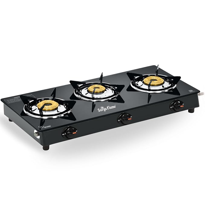 Surya Flame 3 Burner Glass Top Gas Stove | ISI Certified | Manual Ignition | Scratch Resistant Toughened Glass | Tri-pin Brass Burners | Ergonomic Knobs | Skid-proof Legs | 2 Year Warranty | Black