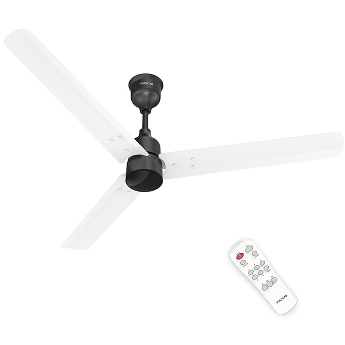 Polycab Wizzy Plus 1200mm 5-Star BLDC, Remote Ceiling fan for Living Room| 55% Energy Saving, 100% Copper, High Air Delivery, Free Installation | 3+1 yr WarrantyMatt White Black