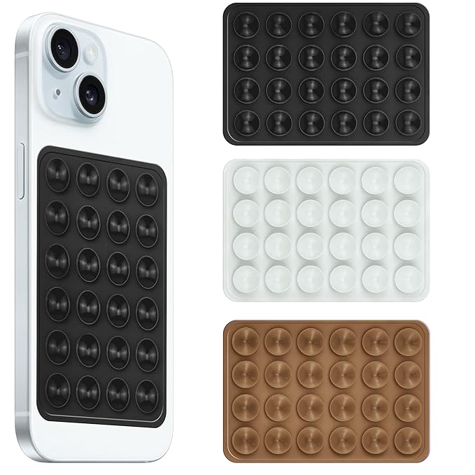 amazon basics Suction Phone Case Anti-Slip Silicone Hands-Free Sticky Pads for Phone Case Mount for Selfies Videos Mirror Shower Car Dashboard - Black,White,Brown (Pack of 3)