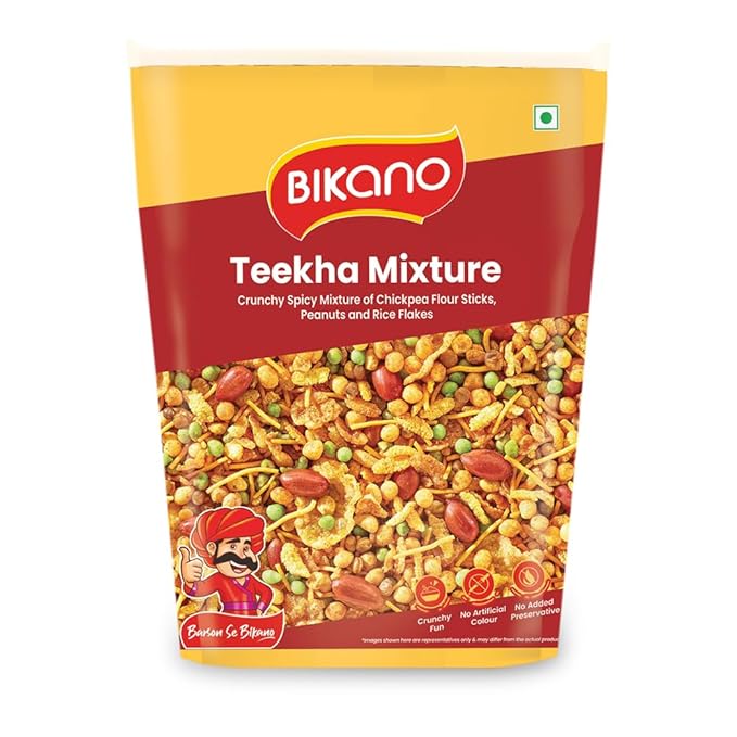 Bikano Teekha Mixture | Spicy Indian Namkeen Snack | Crunchy Mix with Peanuts, Corn Flakes & Spices | Perfect Tea-Time Snack (Spicy Mixture) - 800g