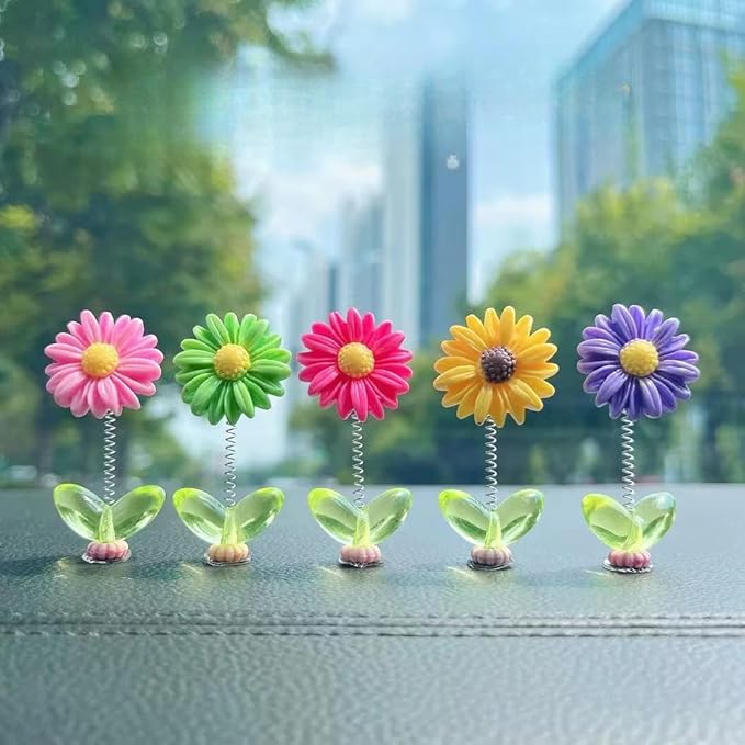 Resin Car Dashboard Decor Flower (5Pcs) | Cute Mini Shaking Head Dancing Sunflowers Car Interior Decoration Accessories | Mirror Decorative Ornaments| (Multicolor)