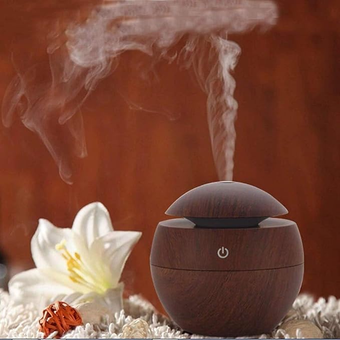 Desidiya Round Magic Wooden Cool Mist Diffuser, Essential Oil Diffuser with LED Night Light for Car, Office, Home, Bedroom, One Click Aroma Therapy Humidifier for Plant and Baby Nursery - Dark Brown