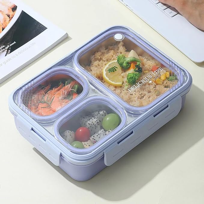Darkpyro 3-Compartment Lavender Lunch Box with Transparent Lid Inner Steel Compartments| BPA-Free Lunch Box for Fresh Meals On-The-Go Ideal for School, Office, and Travel