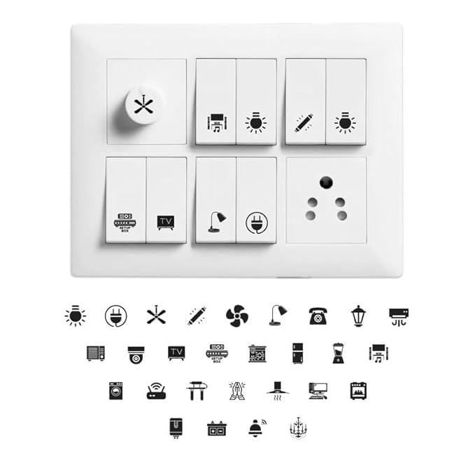 Fliptic Transparent Black and White Switch ID Sticker Vinyl Labels 3-A4 Sheets for Electric Board Appliances Including 27 Designs in Total 495 Stickers