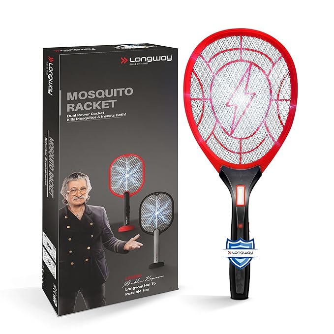 Longway Zappy Rechargeable Mosquito Killer Racket Built in COB Light | 3500V DC Voltage on The Net Mesh| Mosquito Bat | 1 Month Stand by 500mah Long Lasting Internal Battery (Black)