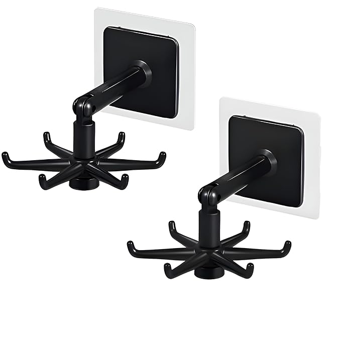 360° Rotating Swivel Adhesive Hooks  -  Heavy Duty No-Drill Utility Wall Hangers for Towel, Keys, Accessories  -  Pack of 2
