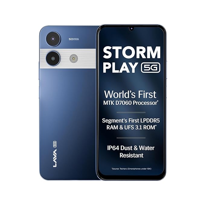 Lava Storm Play 5G (Frosty Blue, 6+6*GB RAM, 128GB Storage) | World's First MTK D7060 Processor | 500k+ Antutu | LPDDR5 RAM | UFS 3.1 Storage | 50MP AI Camera | 120Hz Refresh Rate | IP64 Protection
