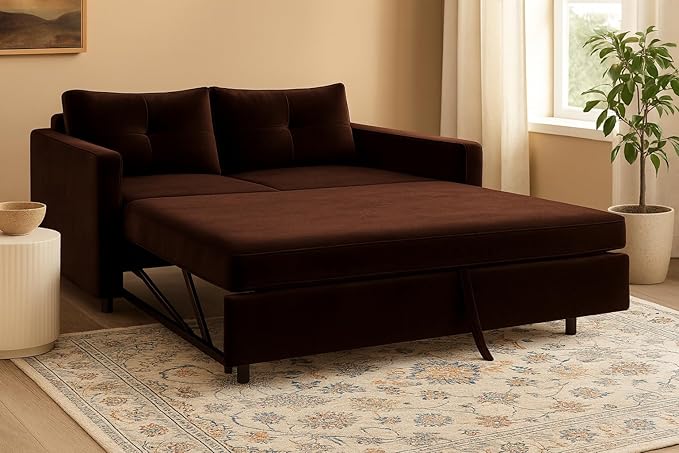 FURNY Soria 2 Seater Pull-Out Premium Fabric Sofa Cum Bed Sofa Set for Living Room (Brown Fabric)