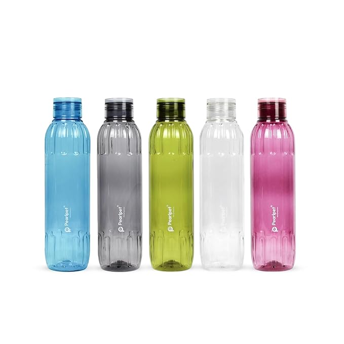 PEARLPET Mizu Water Bottle for Home | Leak Proof Bottles for Refrigerator | BPA-Free, Food Grade, Plastic | Set of 5, 1000 ML Each, Multicolor