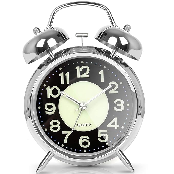 Loud Alarm Clock for Heavy Sleepers Adults, Metal 4 Inches Twin Bell Battery Operated Alarm Clocks for Bedrooms Decoration, Silent Non-Ticking