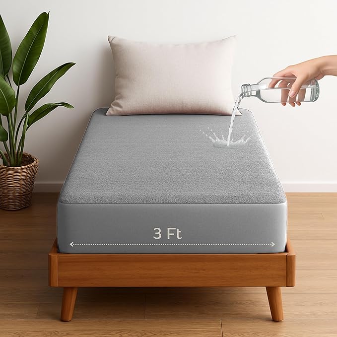 100% Waterproof Mattress Cover 3x6 Ft | 36x72 Inch - Single Bed Size, Soft Terry Cotton Top | Elastic Fitted Protector | Breathable, Washable, Noiseless, Anti-Allergy, Durable - Gray
